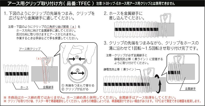 アース用クリップの取付け方法（トヨトップ-E100℃ホース / トヨフーズアースホース）